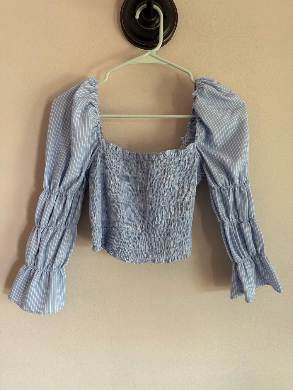 STORY Blue White Striped Smocked Crop Top Long Bell Sleeve Square Neck Medium